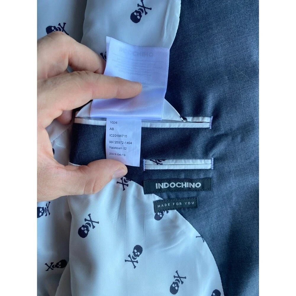 Indochino Luxury Mens Blazer 46L Gray Wool Yaletown 62 Sport Coat Skull Print